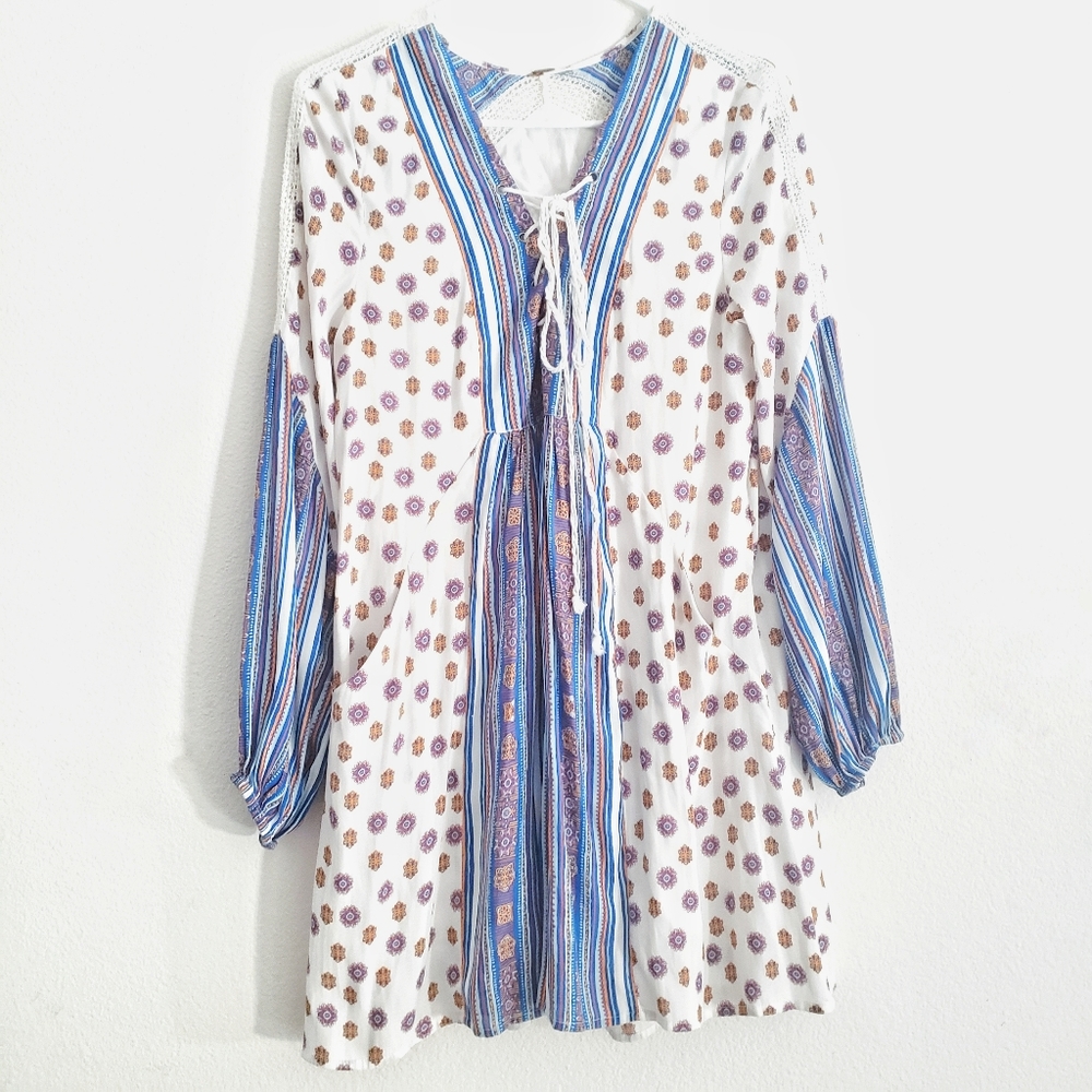 Free People Boho White Blue Long Sleeve Dress